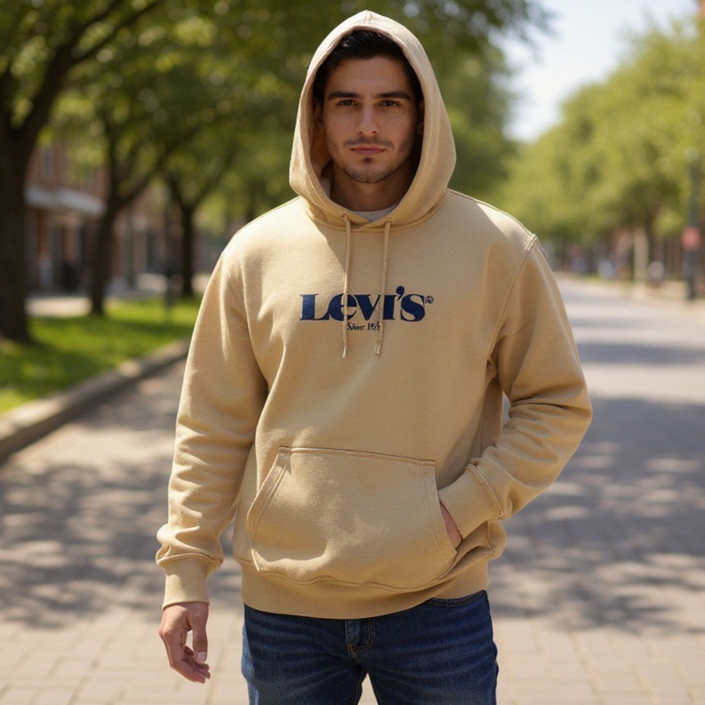 Levi's Classic Relaxed Fit Hoodie Beige Tan with Navy Logo